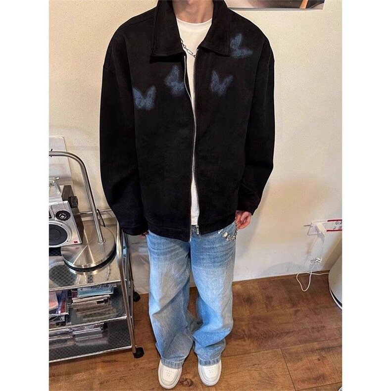 美式暗黑麂皮绒蝴蝶短款外套男款春秋boxy版型设计高级感翻领夹克图片