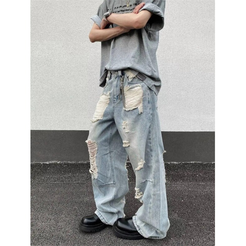 美式高街复古设计感破洞牛仔裤男宽松直筒拖地长裤P55YW0910,男装牛仔裤,星座1112-1