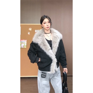 现货重磅硬挺boxy羽绒棉衣座山雕大毛毛领洗水麂皮棉服冬外套图片