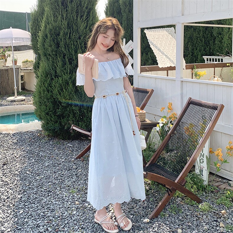 法式气质清冷感荷叶边连衣裙女2025夏季仙女风一字领两穿淡人长裙,女装连衣裙,2C229