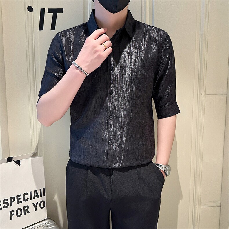 店主风社会小伙男士纯色七分袖衬衫男简约款上衣301A-1/CS560/P55,男装衬衫,星座301A-1
