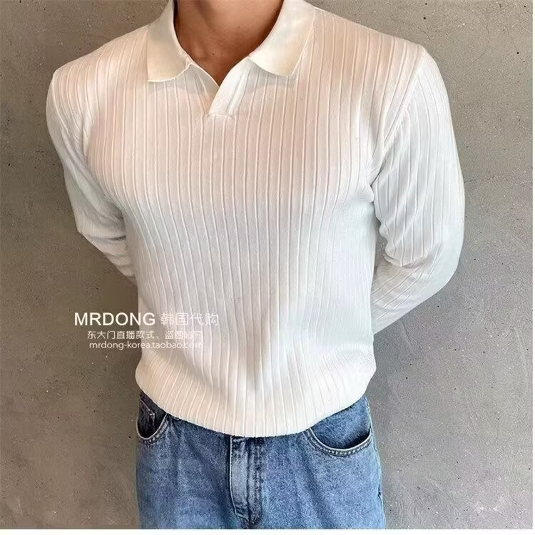 欧美翻领针织polo衫男高级感修身长袖2026v型叠领线衣保罗针织衫图片