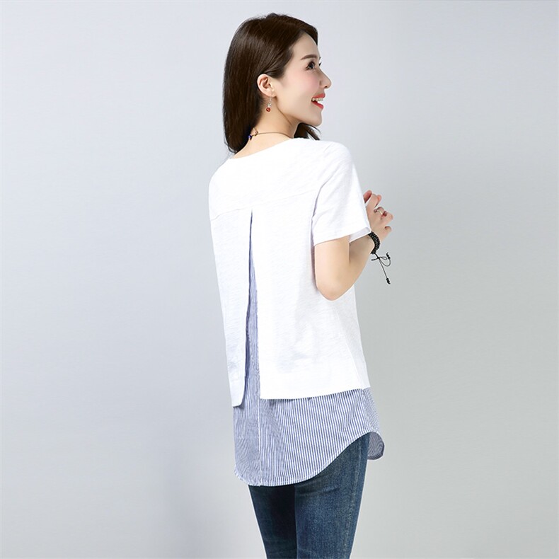 T恤拼接圆领纽扣2021年夏季短袖时尚气质休闲潮流拼接，女装T恤，独衣靓