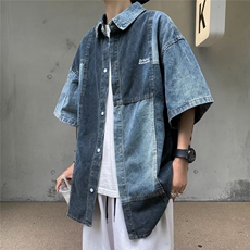 夏季个性拼接牛仔短袖衬衫男生美式vintage复古痞帅宽松休闲衬衣，男装衬衫，星座601-2