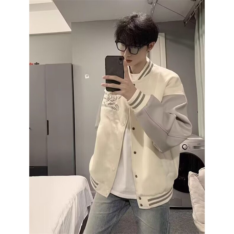 W10599-P75网图现货美式高街重磅刺绣毛呢棒球服外套PU皮拼接,女装短外套,星座1608