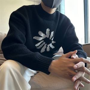 新款秋冬男装大码字母提花圆领套头毛衣青少年百搭慵懒风上衣图片