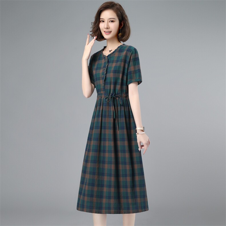 2023年夏季新款潮韩版休闲时尚格子短袖连衣裙女中长款小个子女夏，女装连衣裙，简韵佳