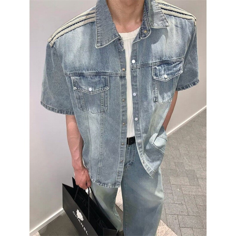 夏季水洗做旧短袖衬衫男款美式复古潮流痞帅宽松休闲百搭衬衣外套,男装T恤,星座410-7