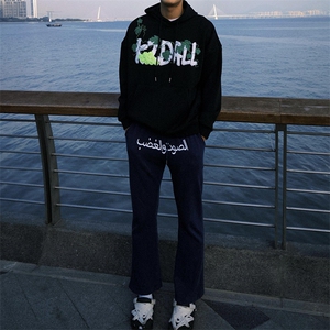 美式高街潮牌男女运动休闲裤直筒宽松慵懒显瘦印花休闲卫裤子图片