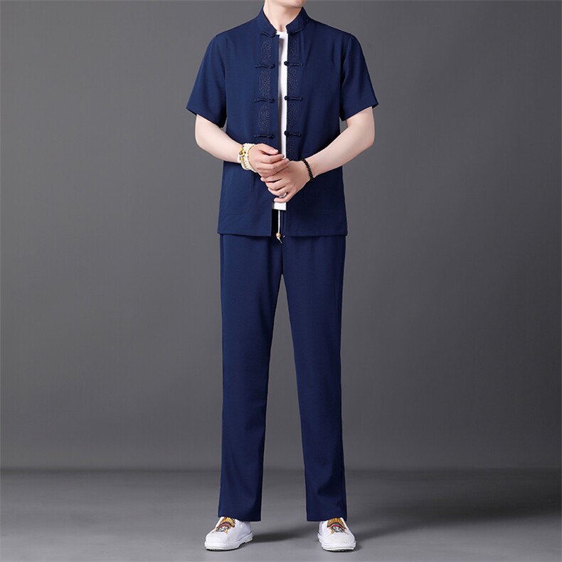 唐装男风两件套夏季中老年男士爸爸夏装短袖中式汉服刺绣盘扣,男装民族服装,电商B212（原钱塘6029）