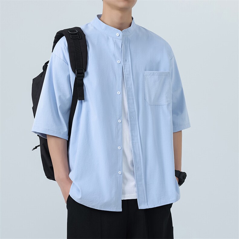 夏装立领短袖衬衫男纯色冰丝垂感大码衬衣 CS604P30图片