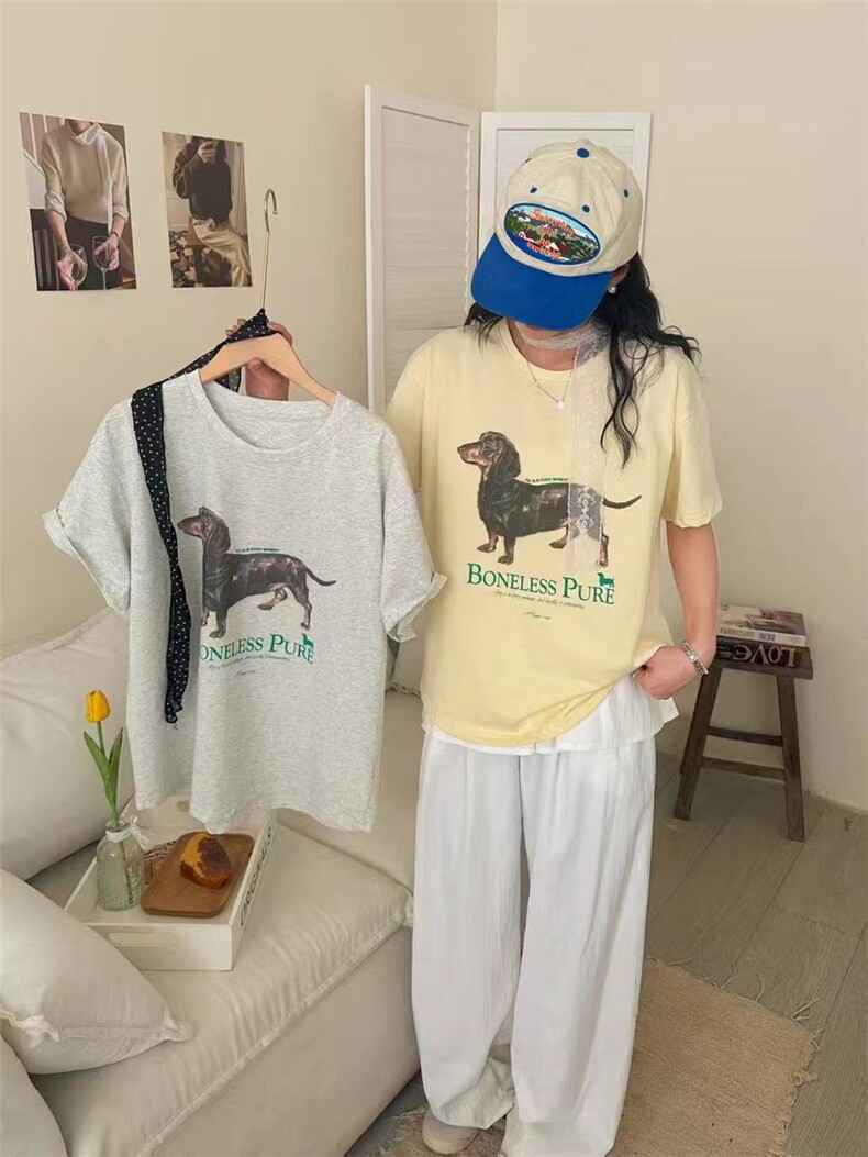 2025简单百搭腊肠狗圆领T恤,女装T恤,湘姗