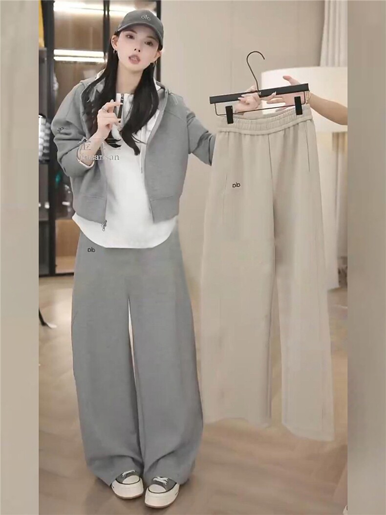 高端时尚套装女秋季新款连帽短款卫衣内搭白色背心阔腿裤三件套潮,女装套装/套裙,江南