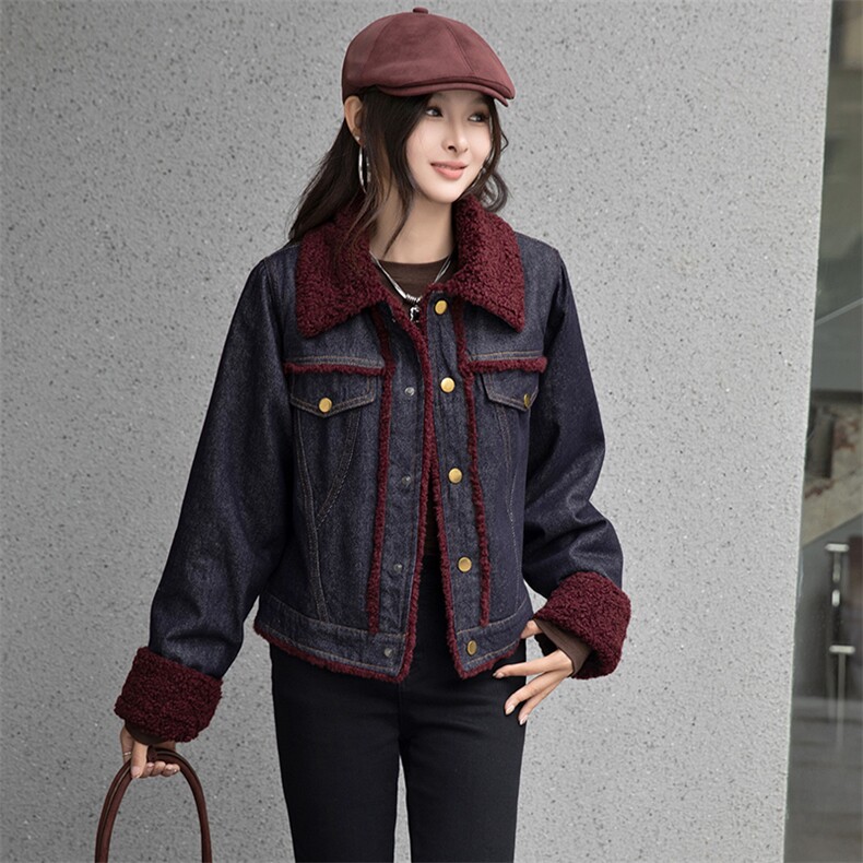 现货复古羊羔毛棉衣外套女2024冬新款韩版时髦加绒加厚牛仔棉服,女装牛仔外套,跑量工厂店