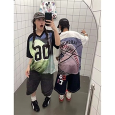 青少年美式复古街头球衣短袖t恤男女潮牌V领印花宽松运动休闲上衣，男装T恤，星座506A