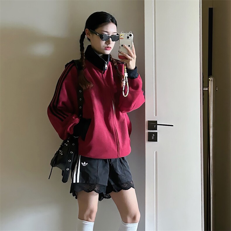 抖音得物高品质美式高街重磅结构设计拼接织带立领卫衣外套CM42,女装短外套,电商A486-1