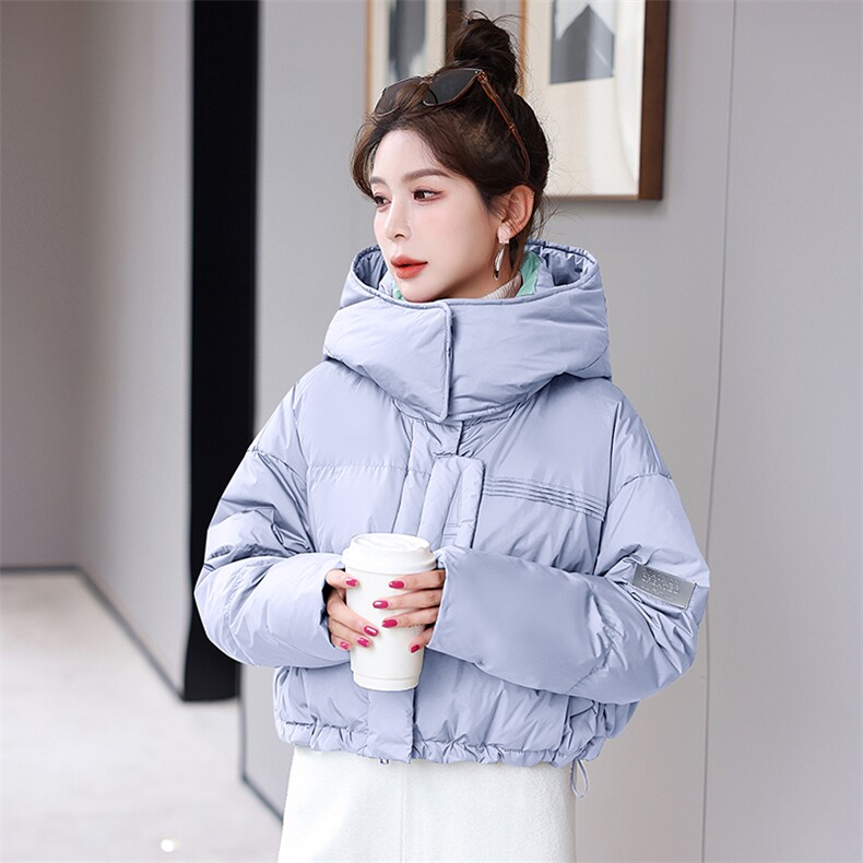 2024冬季新款短款面包服时尚白鸭绒加厚立领拼色羽绒服外套,女装羽绒服,时尚俏佳人