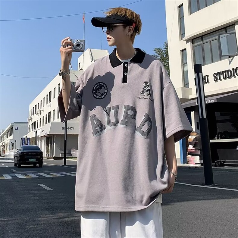 POLO衫男短袖字母印花高街帅气2026夏季新款ins宽松T恤WB071-P30,男装T恤,星座412