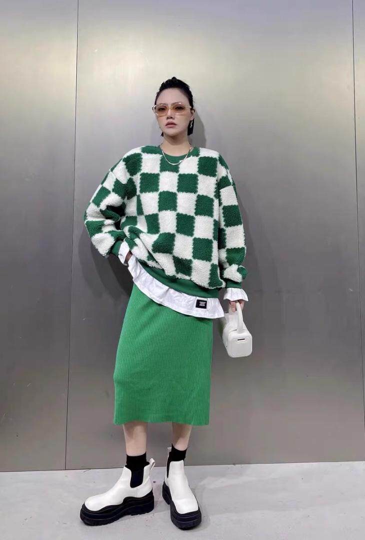 冬季新款棋盘格羊羔毛假两件宽松卫衣，女装卫衣/绒衫，AT(2F)