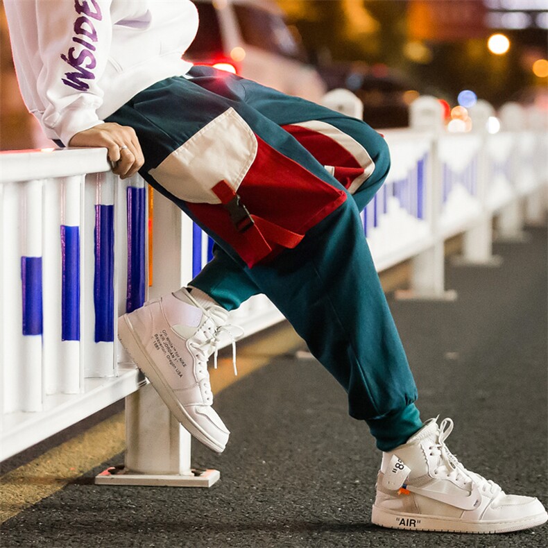 秋季夜景街拍工装裤男宽松多口袋休闲九分束脚撞色潮裤子K270/P65图片
