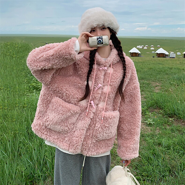 粉色颗粒毛毛连帽皮草外套显瘦保暖时尚单品,女装皮草,天使之佳话