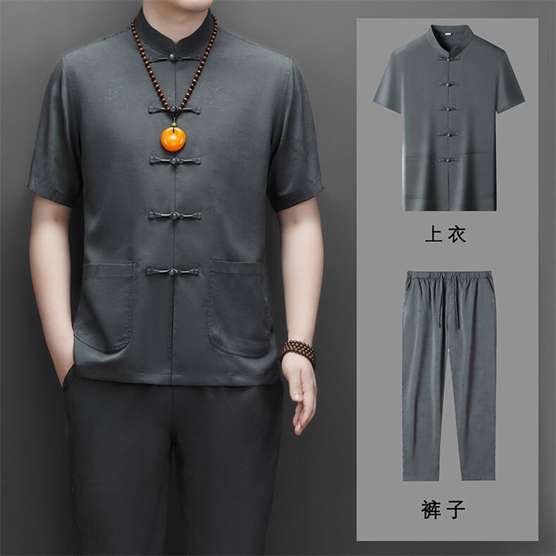 主推仿真丝绸唐装短袖衬衫长裤套装男士中老年风复古珠扣T恤,男装T恤,钱塘723