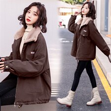 2021冬季新款时尚羊羔毛拼接加绒内里保暖舒适派克服休闲加厚外套，女装派克服，菡迪欧娜