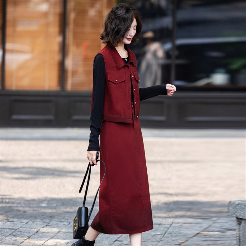 欧货潮流时髦牛仔马甲套装2025春新款女洋气高级后开叉长裙三件套,女装套装/套裙,意芙
