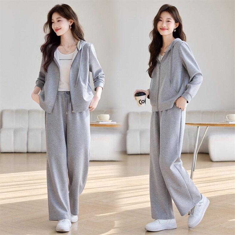 女士运动套装2026年春季新款时尚休闲简洁连帽短外套长裤子两件套，女装套装/套裙，简韵佳