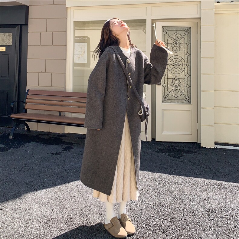 学院风双面呢羊毛大衣女冬季2025新款韩系气质长款灰色毛呢外套,女装毛呢外套,2B187
