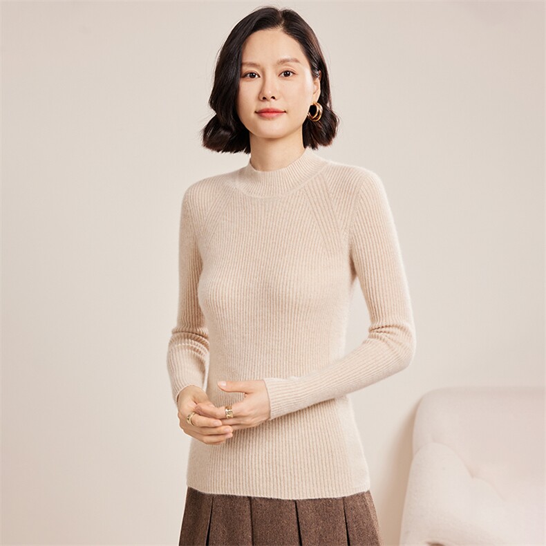 秋冬季30%羊绒休闲简约时尚百搭十二针包领抽条半高羊绒衫,女装羊绒衫,名驰羊绒