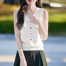 2025夏设计感彩扣冰丝针织吊带背心女内搭外穿V领无袖坎肩上衣T恤，女装针织衫/毛衣，思牵羊绒
