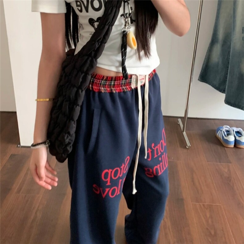 美式复古格子拼接运动街舞卫裤女宽松直筒阔腿休闲高街裤子,男装休闲裤,星座506A