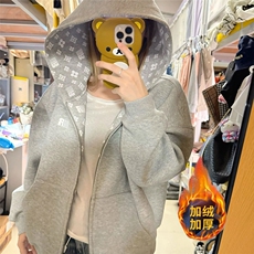 美式连帽卫衣女秋冬加绒字母印花开衫外套重磅潮牌宽松情侣上衣，女装短外套，星座506A