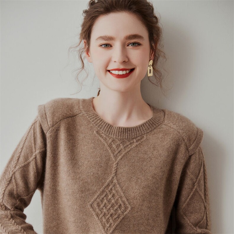 时尚百搭落肩款圆领羊绒衫简约优雅长袖针织衫秋冬,女装羊绒衫,七柒羊绒
