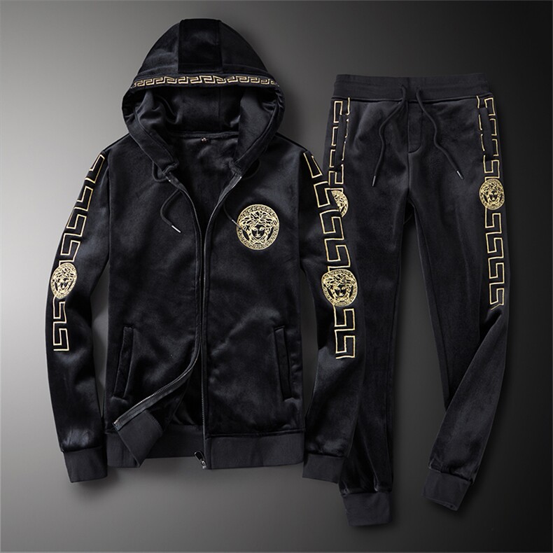 6109冬季丝绒加厚保暖连帽美杜莎刺绣套头运动套装，男装套装，钱塘2010-1