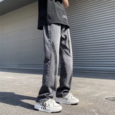 街头宽松黄泥牛仔裤男女做旧水洗撞色分割高街破洞直筒裤子潮，男装牛仔裤，四季星座218-1