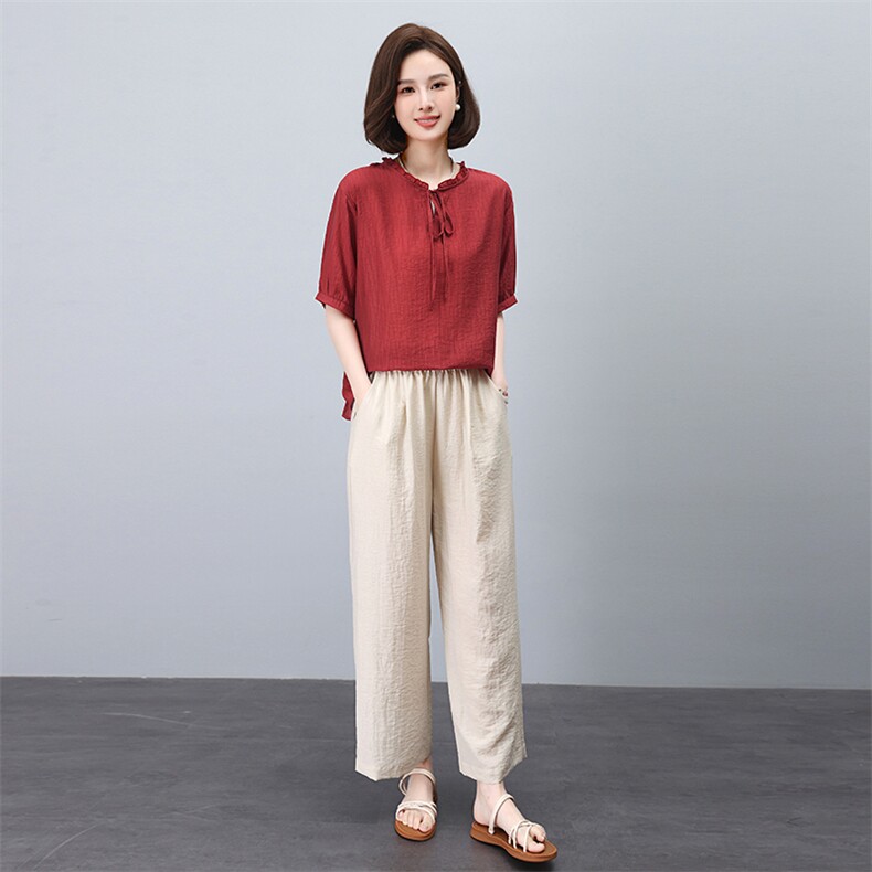 夏季新款宽松显瘦棉麻套装女短袖上衣阔腿裤两件套休闲时尚女装,女装套装/套裙,3200格调