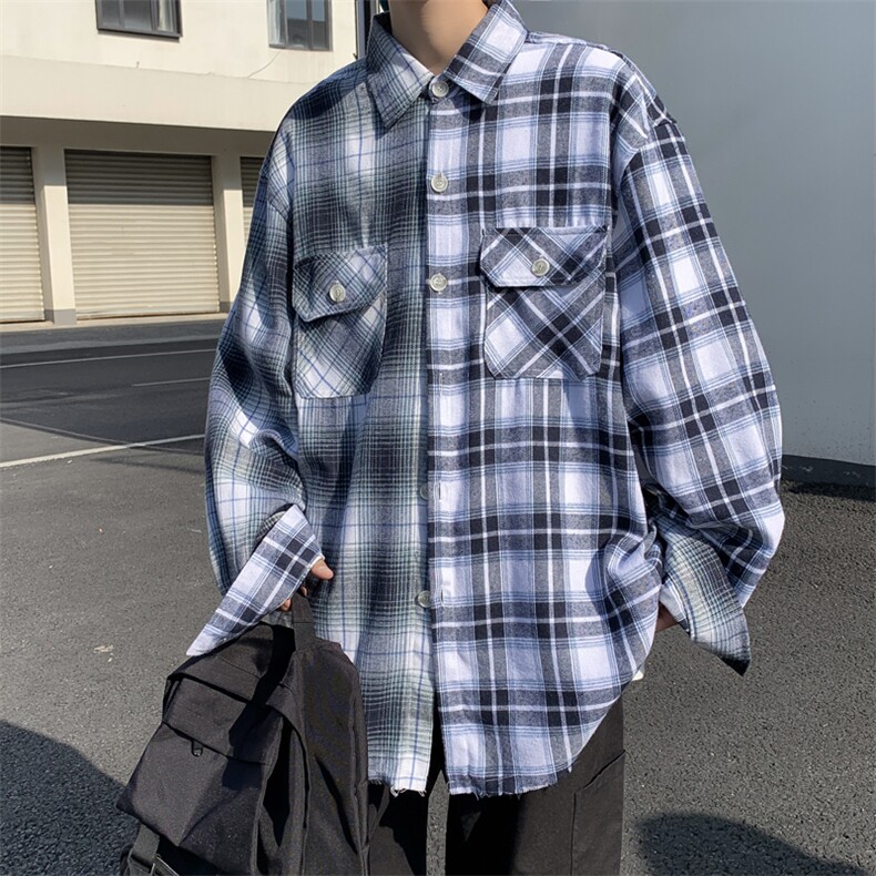 S101-P43日系复古格子拼接刺绣衬衫,男装衬衫,星座1501-1