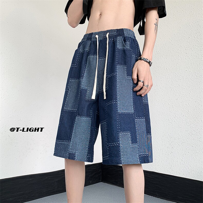 美式ins高街牛仔短裤小众百搭拼接渐变牛仔裤K2309-P45控68,男装牛仔裤,电商A062