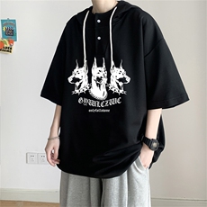 夏季港风冰丝宽松连帽短袖t恤五分体恤上衣TLM425-P40控58，男装T恤，电商B370