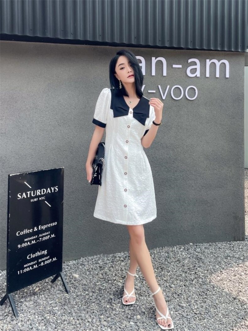 提花拼色法式连衣裙，女装连衣裙，天使公主