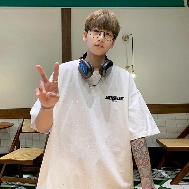 可48小时发货支持抖音得物来样二开美式满天星亮片短袖T恤MTX680,男装T恤,电商A486