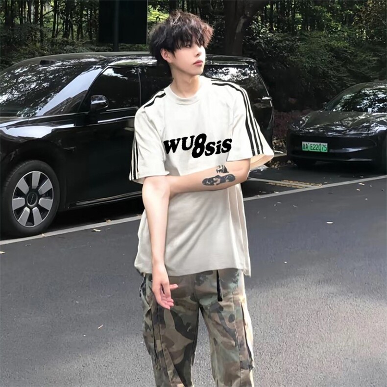 抖音得物高品质二开240克宽松纯棉美式潮牌三条杠织带短袖T恤，男装T恤，电商A486-1