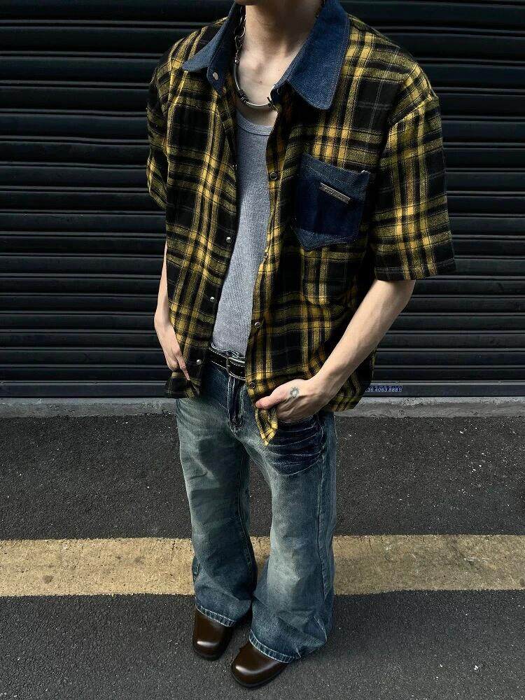 CS29-P45现货男女格子短袖衬衫外套休闲黄色格子衬衣,男装T恤,电商B327