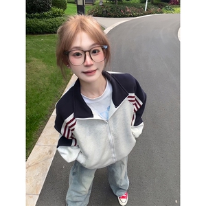抖音得物高品质26春装美式高街重磅织带拼接撞色立领卫衣外套CM41