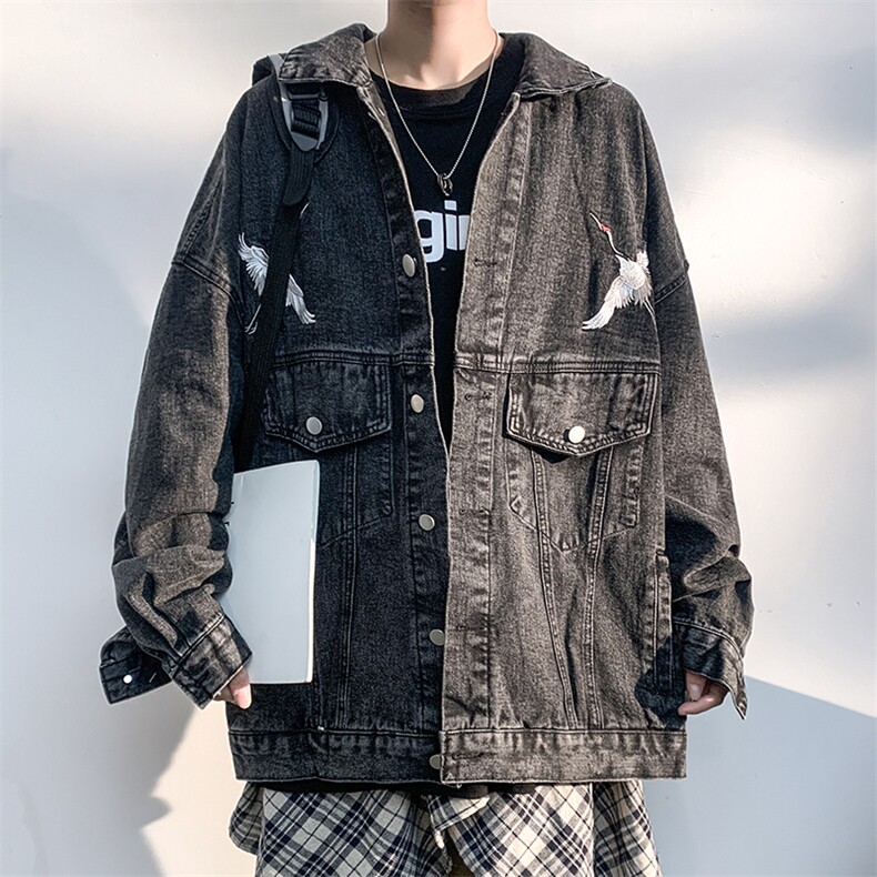 2021秋季新港风白墙大码男日系仙鹤刺绣牛仔衣夹克外套NJ125-P70，男装夹克，电商A001