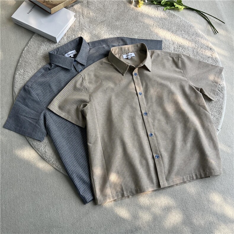 XZ10-TTH455-P48青花扣亚麻混纺棉麻条纹短袖衬衫老钱风cleanfit,男装T恤,星座1005-1