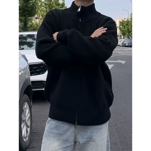 重磅秋冬北极绒双拉链毛衣开衫美式复古休闲慵懒风宽松针织衫外套图片