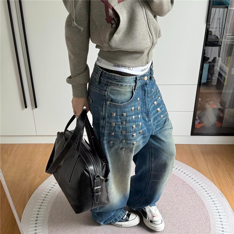美式复古蓝闪电纹铆钉牛仔裤女2025新款宽松显瘦高街直筒阔腿裤子,男装牛仔裤,星座506A